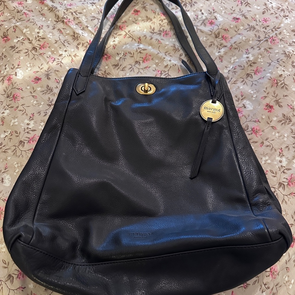 margot Black Leather Shoulder Bag with Gold Hardware